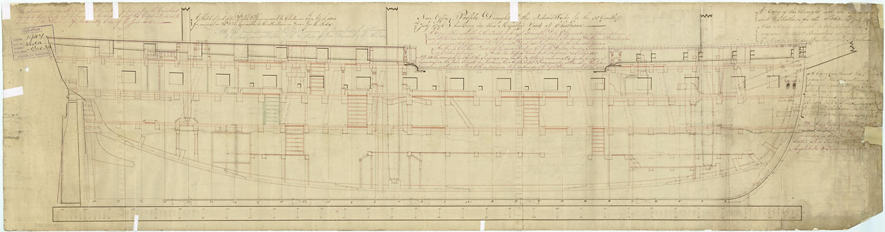 'Plan showing the inboard profile for 'Leda' (1800), and
                  later for 'Shannon' (1806), 'Leonidas' (1807), 'Surprise'
                  (1812), 'Lacedemonian' (1812), 'Tenedos' (1812), 'Lively'
                  (1804), 'Trinocomalee' (1817), 'Amphitrite' (1816), and
                  'Briton' (1812), all 38-gun fifth Rate, Frigates.', 1796, Royal Museums Greenwich (1811-1880), Yale Center for
                British Art